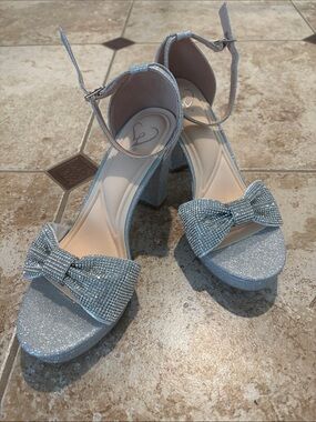Sparkle Bow Ankle-Strap Heels - Silver